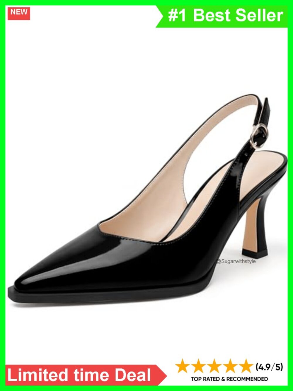 Kitten Heels Slingback Pumps Patent Leather Pointed Toe Buckle Strap